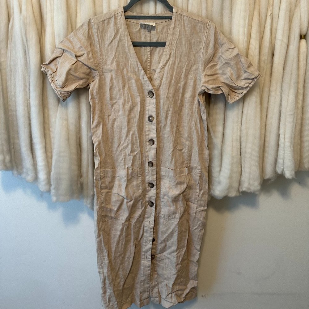 Lou & Grey Linen Button-Front Midi Dress, Flax, Sz XS